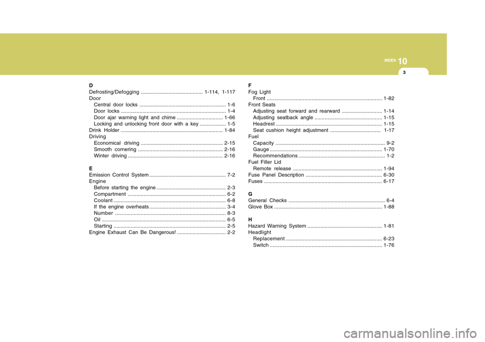 Hyundai Accent 2011  Owners Manual 10
INDEX
3
D
Defrosting/Defogging........................................... 1-114, 1-117
Door
Central door locks ............................................................ 1-6
Door locks ..........