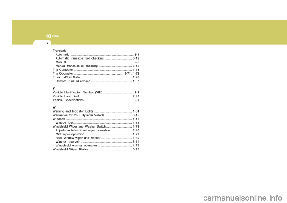 Hyundai Accent 2011  Owners Manual 10
INDEX
6
Transaxle
Automatic.......................................................................... 2-9
Automatic transaxle fluid checking ................................6-12
Manual.............