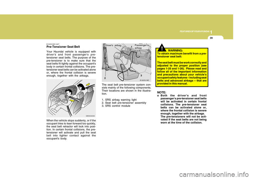 Hyundai Accent 2011 Service Manual 1
FEATURES OF YOUR HYUNDAI
391
FEATURES OF YOUR HYUNDAI
39
The seat belt pre-tensioner system con-
sists mainly of the following components.
Their locations are shown in the illustra-
tion.
1. SRS air