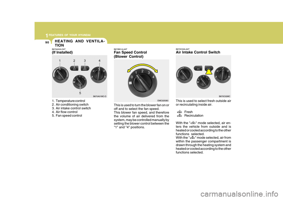 Hyundai Accent 2011  Owners Manual - RHD (UK. Australia) 1FEATURES OF YOUR HYUNDAI
90HEATING AND VENTILA- TION
B670B01A-AAT Fan Speed Control (Blower Control) This is used to turn the blower fan on or off and to select the fan speed. This blower fan speed, 