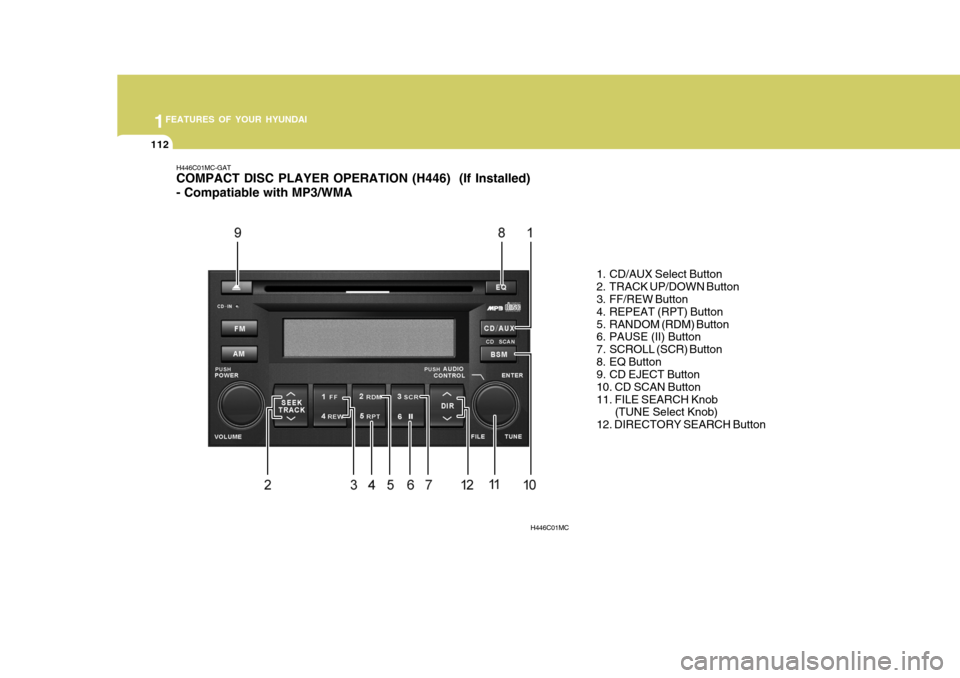 Hyundai Accent 2011 Owners Manual - RHD (UK. Australia) 1FEATURES OF YOUR HYUNDAI
112
H446C01MC-GAT COMPACT DISC PLAYER OPERATION (H446) (If Installed) - Compatiable with MP3/WMA
1. CD/AUX Select Button
2. TRACK UP/DOWN Button
3. FF/REW Button
4. REPEA Hyundai Accent 2011 Owners Manual - RHD (UK. Australia) 1FEATURES OF YOUR HYUNDAI
112
H446C01MC-GAT COMPACT DISC PLAYER OPERATION (H446) (If Installed) - Compatiable with MP3/WMA
1. CD/AUX Select Button
2. TRACK UP/DOWN Button
3. FF/REW Button
4. REPEA