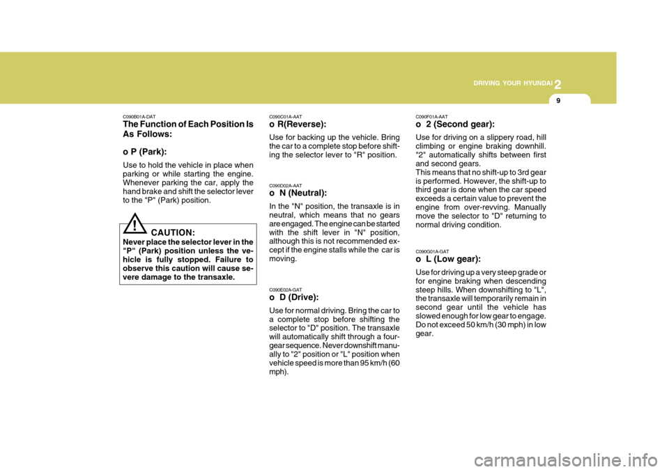 Hyundai Accent 2011  Owners Manual - RHD (UK. Australia) 2
 DRIVING YOUR HYUNDAI
9
2
 DRIVING YOUR HYUNDAI
9
C090B01A-DAT The Function of Each Position Is As Follows: o P (Park): Use to hold the vehicle in place when parking or while starting the engine. Wh