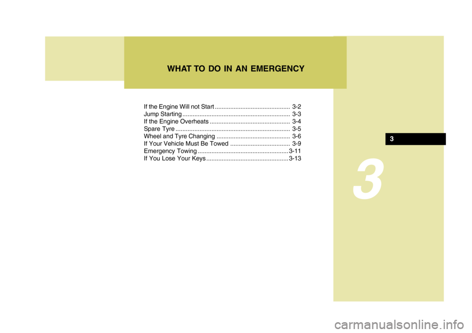 Hyundai Accent 2011  Owners Manual - RHD (UK. Australia) 3
If the Engine Will not Start ............................................ 3-2 
Jump Starting ............................................................... 3-3
If the Engine Overheats .............