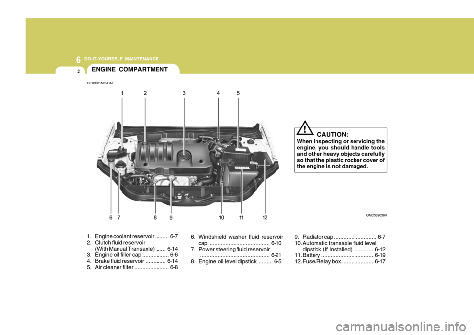 Hyundai Accent 2011  Owners Manual - RHD (UK. Australia) 6 DO-IT-YOURSELF MAINTENANCE
2ENGINE COMPARTMENT
G010B01MC-DAT
CAUTION:
When inspecting or servicing the engine, you should handle tools and other heavy objects carefully so that the plastic rocker co