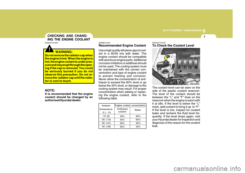 Hyundai Accent 2011 Owners Manual - RHD (UK. Australia) 6
DO-IT-YOURSELF MAINTENANCE
7
!
CHECKING AND CHANG- ING THE ENGINE COOLANT
35% 40%50%60%
Ambient
temperature °C ( °F)-15 (5)
-25 (-13)-35 (-31)-45 (-49)
Antifreeze solution Water
Engine coolant c Hyundai Accent 2011 Owners Manual - RHD (UK. Australia) 6
DO-IT-YOURSELF MAINTENANCE
7
!
CHECKING AND CHANG- ING THE ENGINE COOLANT
35% 40%50%60%
Ambient
temperature °C ( °F)-15 (5)
-25 (-13)-35 (-31)-45 (-49)
Antifreeze solution Water
Engine coolant c