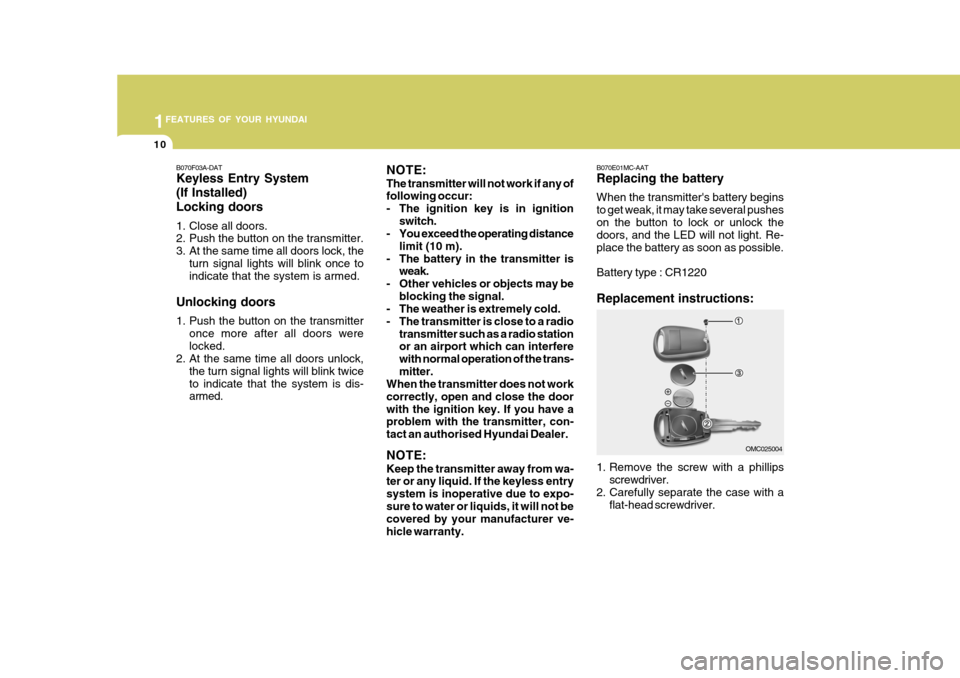 Hyundai Accent 2011   - RHD (UK. Australia) Owners Guide 1FEATURES OF YOUR HYUNDAI
10
B070F03A-DAT Keyless Entry System (If Installed)Locking doors 
1. Close all doors. 
2. Push the button on the transmitter. 
3. At the same time all doors lock, theturn sig