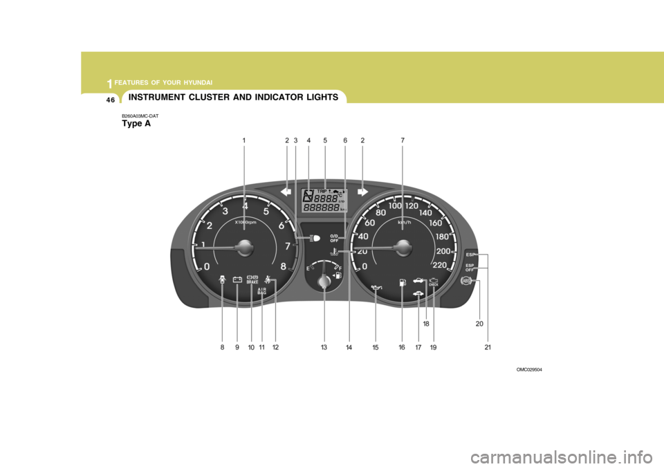 Hyundai Accent 2011   - RHD (UK. Australia) Workshop Manual 1FEATURES OF YOUR HYUNDAI
46
B260A03MC-DAT Type AINSTRUMENT CLUSTER AND INDICATOR LIGHTS
OMC029504  