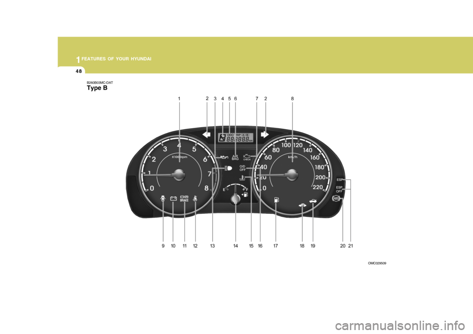 Hyundai Accent 2011   - RHD (UK. Australia) Workshop Manual 1FEATURES OF YOUR HYUNDAI
48
B260B03MC-DAT Type B
OMC029509  