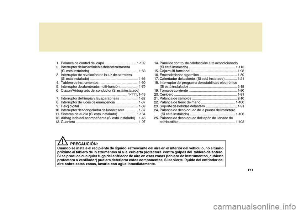 Hyundai Accent 2011 Manual del propietario (in Spanish) F11
1. Palanca de control del capó ...............................1-102
2. Interruptor de luz antiniebla delantera/trasera
(Si está instalado) ................................................1-88 Hyundai Accent 2011 Manual del propietario (in Spanish) F11
1. Palanca de control del capó ...............................1-102
2. Interruptor de luz antiniebla delantera/trasera
(Si está instalado) ................................................1-88