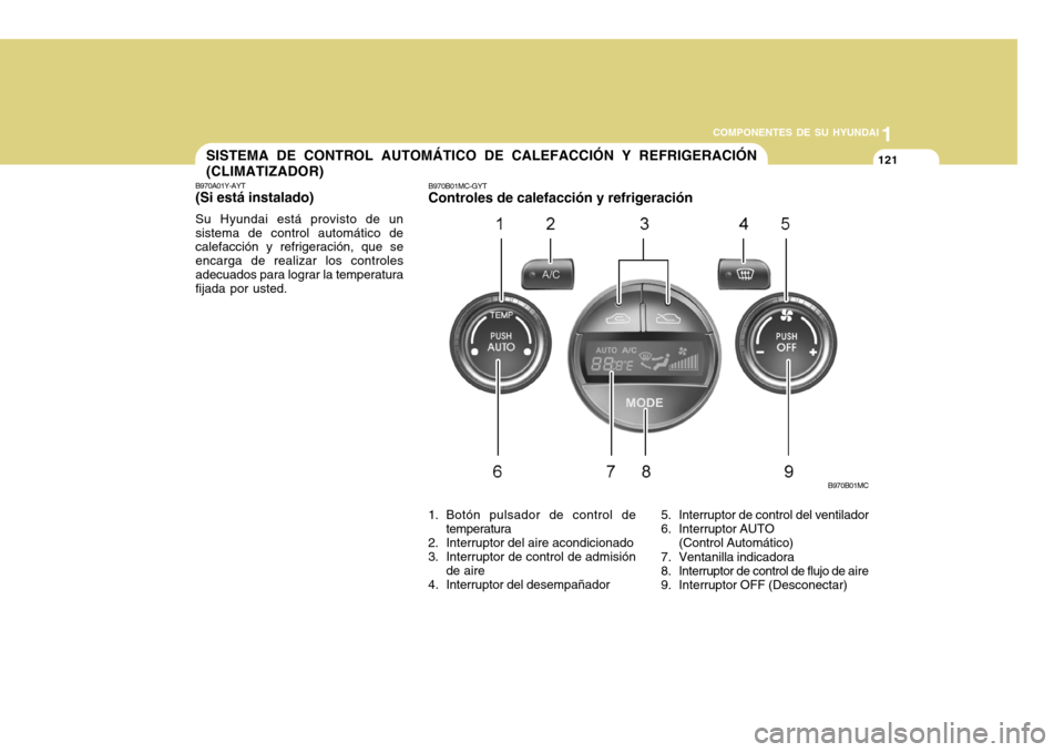 Hyundai Accent 2011 Manual del propietario (in Spanish) COMPONENTES DE SU HYUNDAI
CONDUCIENDO SU HYUNDAI
11211
COMPONENTES DE SU HYUNDAI
B970B01MC
SISTEMA DE CONTROL AUTOMÁTICO DE CALEFACCIÓN Y REFRIGERACIÓN
(CLIMATIZADOR)B970A01Y-AYT(Si está instalado Hyundai Accent 2011 Manual del propietario (in Spanish) COMPONENTES DE SU HYUNDAI
CONDUCIENDO SU HYUNDAI
11211
COMPONENTES DE SU HYUNDAI
B970B01MC
SISTEMA DE CONTROL AUTOMÁTICO DE CALEFACCIÓN Y REFRIGERACIÓN
(CLIMATIZADOR)B970A01Y-AYT(Si está instalado