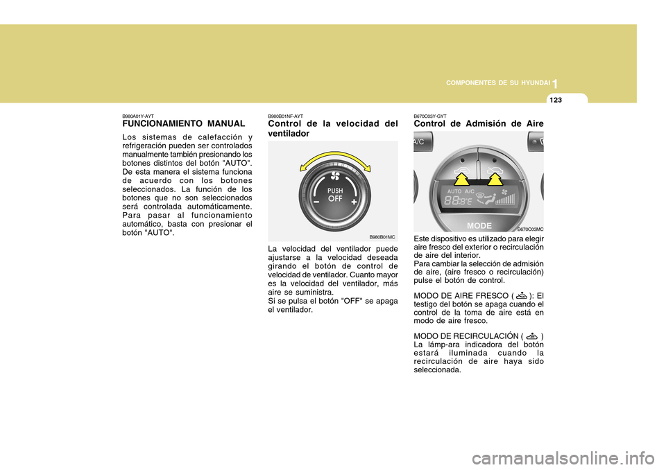 Hyundai Accent 2011 Manual del propietario (in Spanish) COMPONENTES DE SU HYUNDAI
CONDUCIENDO SU HYUNDAI
11231
COMPONENTES DE SU HYUNDAI
B980B01NF-AYTControl de la velocidad del
ventiladorLa velocidad del ventilador puede
ajustarse a la velocidad deseada
g Hyundai Accent 2011 Manual del propietario (in Spanish) COMPONENTES DE SU HYUNDAI
CONDUCIENDO SU HYUNDAI
11231
COMPONENTES DE SU HYUNDAI
B980B01NF-AYTControl de la velocidad del
ventiladorLa velocidad del ventilador puede
ajustarse a la velocidad deseada
g