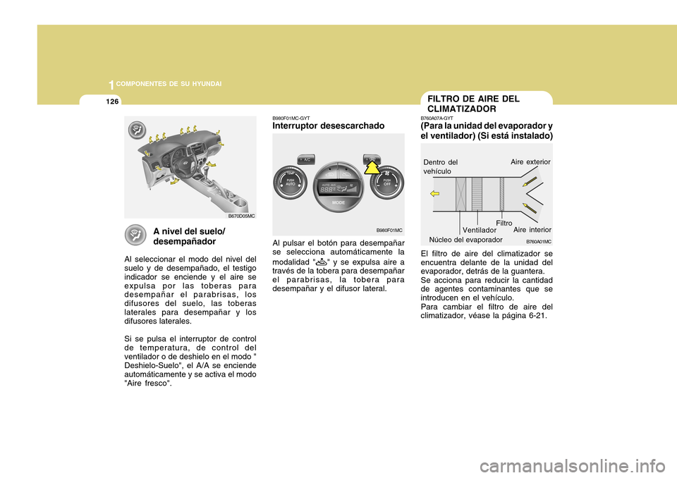 Hyundai Accent 2011 Manual del propietario (in Spanish) 1261COMPONENTES DE SU HYUNDAI
FILTRO DE AIRE DEL
CLIMATIZADOR
B760A01MC B760A07A-GYT
(Para la unidad del evaporador y
el ventilador) (Si está instalado)Dentro del
vehículoNúcleo del evaporadorVenti Hyundai Accent 2011 Manual del propietario (in Spanish) 1261COMPONENTES DE SU HYUNDAI
FILTRO DE AIRE DEL
CLIMATIZADOR
B760A01MC B760A07A-GYT
(Para la unidad del evaporador y
el ventilador) (Si está instalado)Dentro del
vehículoNúcleo del evaporadorVenti