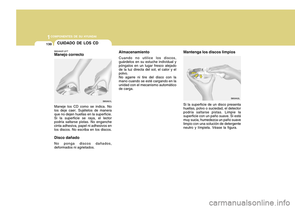 Hyundai Accent 2011 Manual del propietario (in Spanish) 1COMPONENTES DE SU HYUNDAI
130
CUIDADO DE LOS CD
Almacenamiento
Cuando no utilice los discos,
guárdelos en su estuche individual y
póngalos en un lugar fresco alejado
de la luz directa del sol, el c Hyundai Accent 2011 Manual del propietario (in Spanish) 1COMPONENTES DE SU HYUNDAI
130
CUIDADO DE LOS CD
Almacenamiento
Cuando no utilice los discos,
guárdelos en su estuche individual y
póngalos en un lugar fresco alejado
de la luz directa del sol, el c
