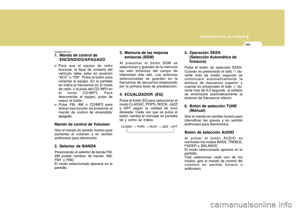 Hyundai Accent 2011 Manual del propietario (in Spanish) 11141
COMPONENTES DE SU HYUNDAI
H446B01MC-GYT1. Mando de control de
ENCENDIDO/APAGADOo Para que el equipo de radio
funcione, la llave de contacto del
vehículo debe estar en posición
“ACC” o “O Hyundai Accent 2011 Manual del propietario (in Spanish) 11141
COMPONENTES DE SU HYUNDAI
H446B01MC-GYT1. Mando de control de
ENCENDIDO/APAGADOo Para que el equipo de radio
funcione, la llave de contacto del
vehículo debe estar en posición
“ACC” o “O