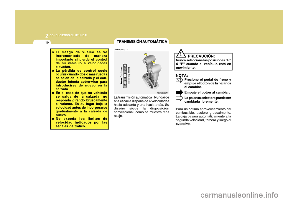 Hyundai Accent 2011 Manual del propietario (in Spanish) 2
CONDUCIENDO SU HYUNDAI
10
OMC035014
TRANSMISIÓN AUTOMÁTICA
NOTA:
Presione el pedal de freno y
empuje el botón de la palanca
al cambiar.
Empuje el botón al cambiar.
La palanca selectora puede se Hyundai Accent 2011 Manual del propietario (in Spanish) 2
CONDUCIENDO SU HYUNDAI
10
OMC035014
TRANSMISIÓN AUTOMÁTICA
NOTA:
Presione el pedal de freno y
empuje el botón de la palanca
al cambiar.
Empuje el botón al cambiar.
La palanca selectora puede se