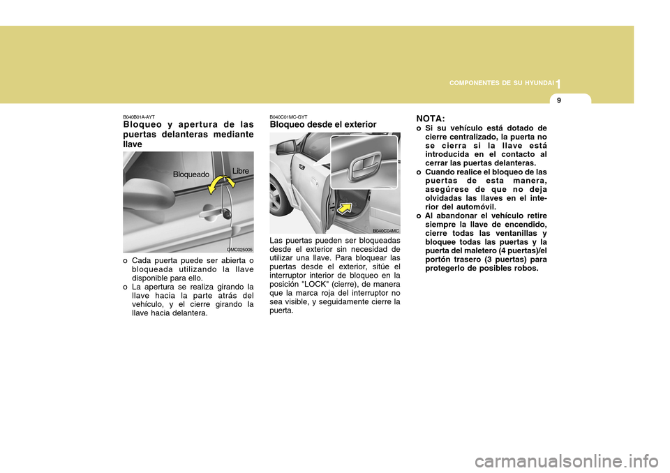 Hyundai Accent 2011 Manual del propietario (in Spanish) 1
COMPONENTES DE SU HYUNDAI
9
OMC025005Libre
Bloqueado
B040B01A-AYTBloqueo y apertura de las
puertas delanteras mediante
llaveo Cada puerta puede ser abierta o
bloqueada utilizando la llave
disponible Hyundai Accent 2011 Manual del propietario (in Spanish) 1
COMPONENTES DE SU HYUNDAI
9
OMC025005Libre
Bloqueado
B040B01A-AYTBloqueo y apertura de las
puertas delanteras mediante
llaveo Cada puerta puede ser abierta o
bloqueada utilizando la llave
disponible