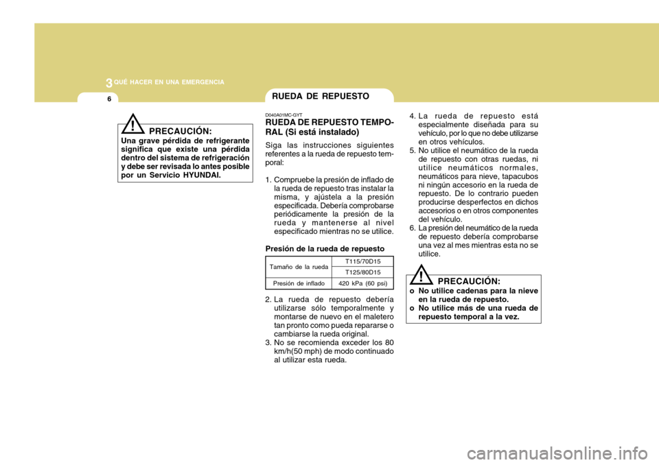 Hyundai Accent 2011  Manual del propietario (in Spanish) 3
QUÉ HACER EN UNA EMERGENCIA6
RUEDA DE REPUESTO
PRECAUCIÓN:
Una grave pérdida de refrigerante
significa que existe una pérdida
dentro del sistema de refrigeración
y debe ser revisada lo antes po