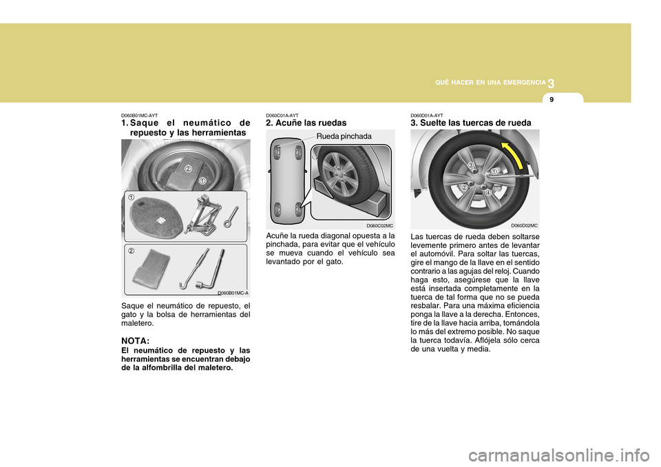 Hyundai Accent 2011 Manual del propietario (in Spanish) 3
QUÉ HACER EN UNA EMERGENCIA
9
D060C02MC
Rueda pinchada
Acuñe la rueda diagonal opuesta a la
pinchada, para evitar que el vehículo
se mueva cuando el vehículo sea
levantado por el gato.
D060C01A- Hyundai Accent 2011 Manual del propietario (in Spanish) 3
QUÉ HACER EN UNA EMERGENCIA
9
D060C02MC
Rueda pinchada
Acuñe la rueda diagonal opuesta a la
pinchada, para evitar que el vehículo
se mueva cuando el vehículo sea
levantado por el gato.
D060C01A-