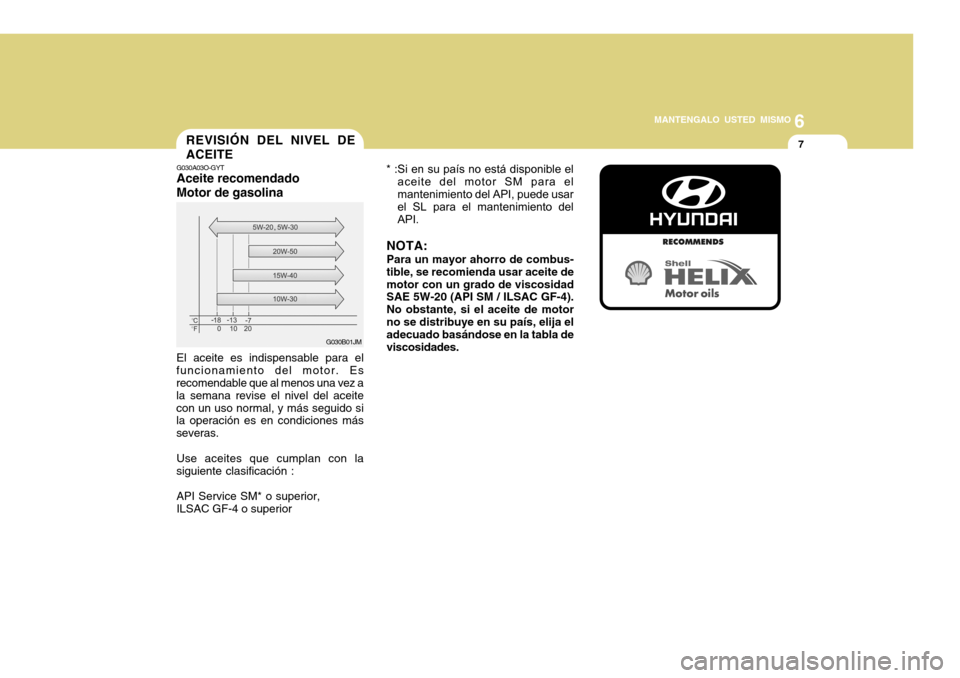 Hyundai Accent 2011  Manual del propietario (in Spanish) 6
MANTENGALO USTED MISMO
7
REVISIÓN DEL NIVEL DE
ACEITEG030A03O-GYTAceite recomendado
Motor de gasolinaEl aceite es indispensable para el
funcionamiento del motor. Es
recomendable que al menos una ve