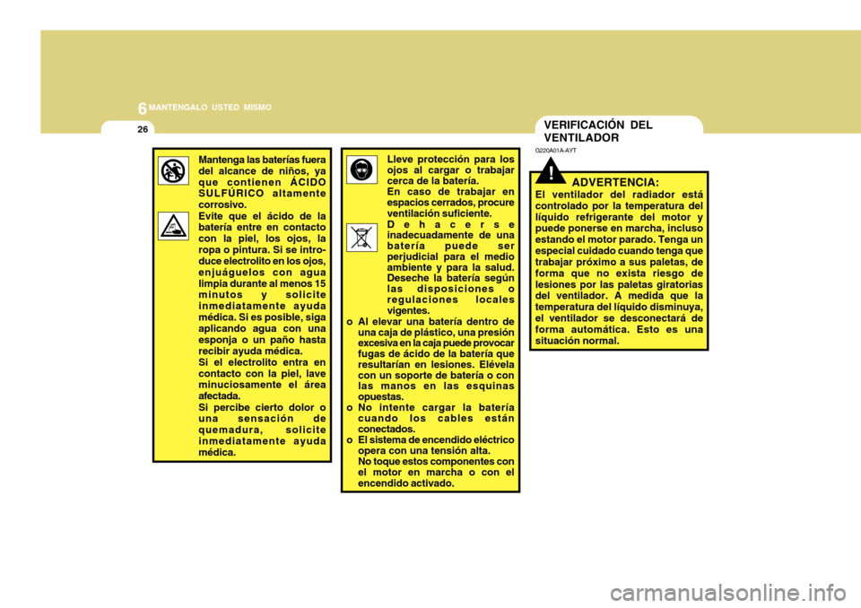 Hyundai Accent 2011 Manual del propietario (in Spanish) 6
MANTENGALO USTED MISMO
26
!VERIFICACIÓN DEL
VENTILADORG220A01A-AYT
ADVERTENCIA:
El ventilador del radiador está
controlado por la temperatura del
líquido refrigerante del motor y
puede ponerse en Hyundai Accent 2011 Manual del propietario (in Spanish) 6
MANTENGALO USTED MISMO
26
!VERIFICACIÓN DEL
VENTILADORG220A01A-AYT
ADVERTENCIA:
El ventilador del radiador está
controlado por la temperatura del
líquido refrigerante del motor y
puede ponerse en
