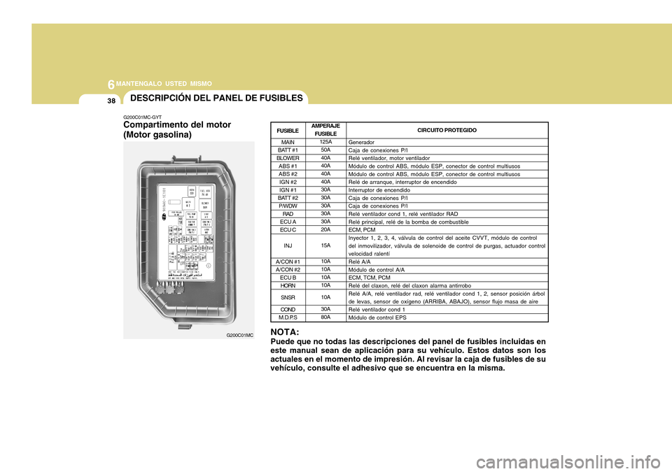 Hyundai Accent 2011  Manual del propietario (in Spanish) 6
MANTENGALO USTED MISMO
38
G200C01MC-GYTCompartimento del motor
(Motor gasolina)
NOTA:
Puede que no todas las descripciones del panel de fusibles incluidas en
este manual sean de aplicación para su 