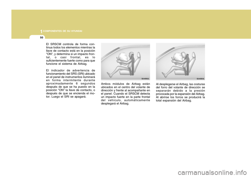 Hyundai Accent 2011 Manual del propietario (in Spanish) 1COMPONENTES DE SU HYUNDAI50
El SRSCM controla de forma con-
tinua todos los elementos mientras la
llave de contacto está en la posición
"ON", y determina si un impacto fron-
tal, o casi frontal, es Hyundai Accent 2011 Manual del propietario (in Spanish) 1COMPONENTES DE SU HYUNDAI50
El SRSCM controla de forma con-
tinua todos los elementos mientras la
llave de contacto está en la posición
"ON", y determina si un impacto fron-
tal, o casi frontal, es