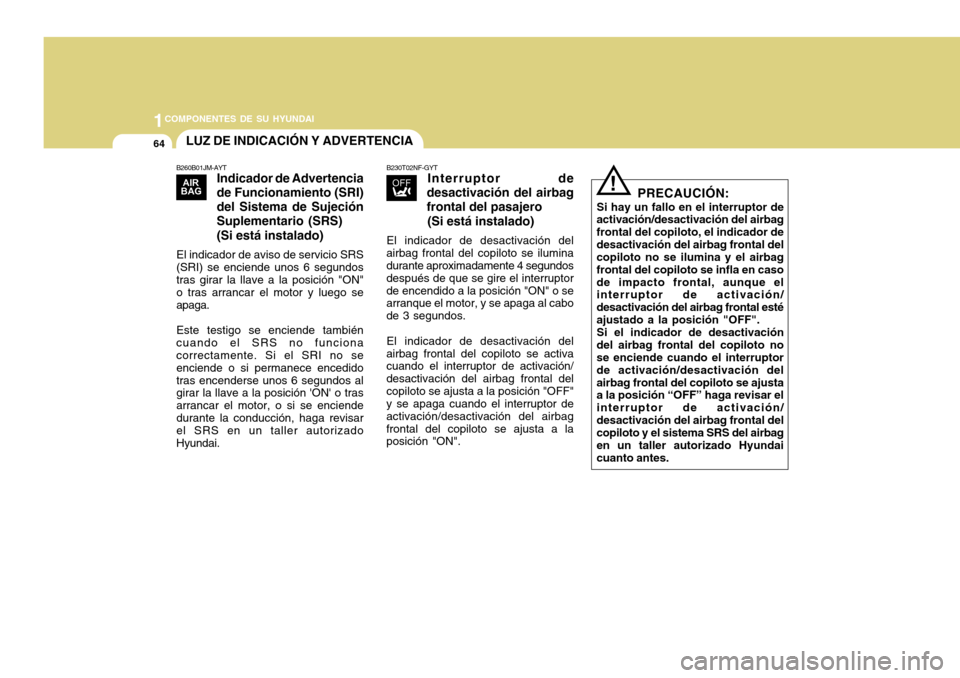 Hyundai Accent 2011 Manual del propietario (in Spanish) 1COMPONENTES DE SU HYUNDAI64
LUZ DE INDICACIÓN Y ADVERTENCIAB260B01JM-AYT
Indicador de Advertencia
de Funcionamiento (SRI)
del Sistema de Sujeción
Suplementario (SRS)
(Si está instalado)
El indicad Hyundai Accent 2011 Manual del propietario (in Spanish) 1COMPONENTES DE SU HYUNDAI64
LUZ DE INDICACIÓN Y ADVERTENCIAB260B01JM-AYT
Indicador de Advertencia
de Funcionamiento (SRI)
del Sistema de Sujeción
Suplementario (SRS)
(Si está instalado)
El indicad