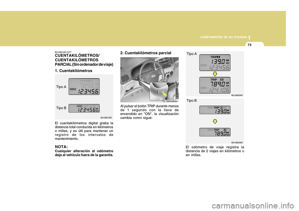 Hyundai Accent 2011 Manual del propietario (in Spanish) COMPONENTES DE SU HYUNDAI
CONDUCIENDO SU HYUNDAI
1751
COMPONENTES DE SU HYUNDAI
B310B01MC B310B01MC-GYT
CUENTAKILÓMETROS/
CUENTAKILÓMETROS
PARCIAL (Sin ordenador de viaje)
1. CuentakilómetrosEl cue Hyundai Accent 2011 Manual del propietario (in Spanish) COMPONENTES DE SU HYUNDAI
CONDUCIENDO SU HYUNDAI
1751
COMPONENTES DE SU HYUNDAI
B310B01MC B310B01MC-GYT
CUENTAKILÓMETROS/
CUENTAKILÓMETROS
PARCIAL (Sin ordenador de viaje)
1. CuentakilómetrosEl cue