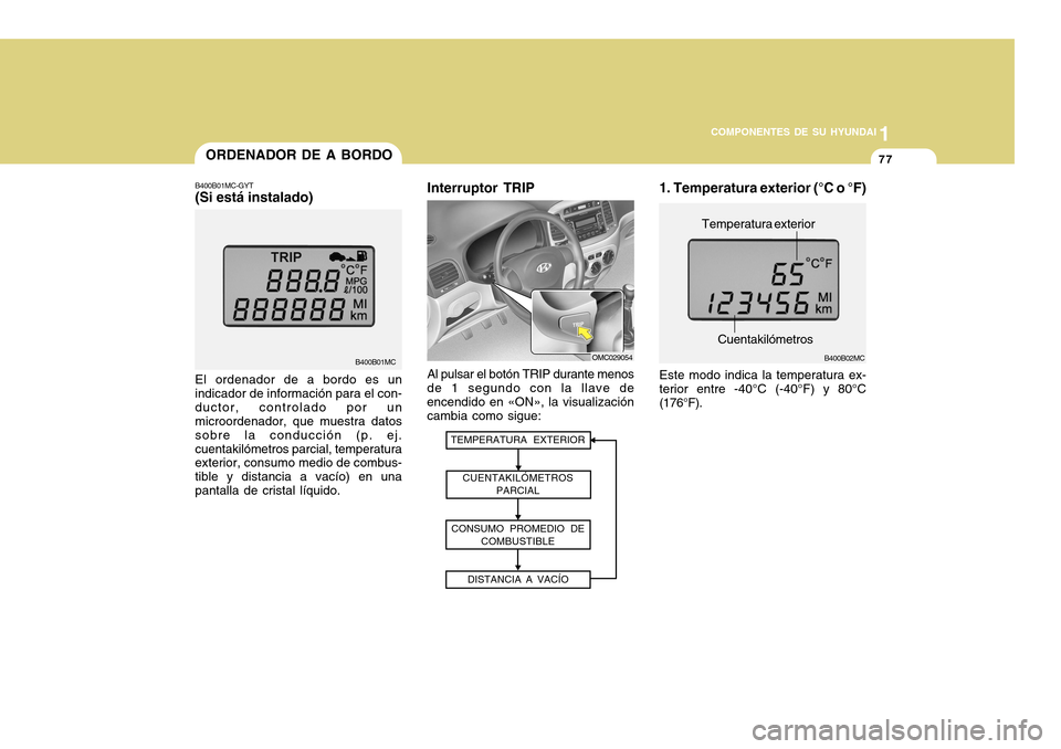 Hyundai Accent 2011 Manual del propietario (in Spanish) COMPONENTES DE SU HYUNDAI
CONDUCIENDO SU HYUNDAI
1771
COMPONENTES DE SU HYUNDAI
Al pulsar el botón TRIP durante menos
de 1 segundo con la llave de
encendido en «ON», la visualización
cambia como s Hyundai Accent 2011 Manual del propietario (in Spanish) COMPONENTES DE SU HYUNDAI
CONDUCIENDO SU HYUNDAI
1771
COMPONENTES DE SU HYUNDAI
Al pulsar el botón TRIP durante menos
de 1 segundo con la llave de
encendido en «ON», la visualización
cambia como s