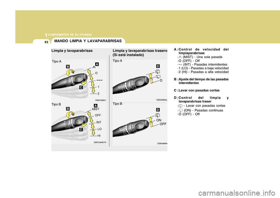 Hyundai Accent 2011 Manual del propietario (in Spanish) 821COMPONENTES DE SU HYUNDAI
OMC048901N
MANDO LIMPIA Y LAVAPARABRISAS
Limpia y lavaparabrisas trasero
(Si está instalado)
A :Control de velocidad del
limpiaparabrisas
·
(MIST) - Una sola pasada
· Hyundai Accent 2011 Manual del propietario (in Spanish) 821COMPONENTES DE SU HYUNDAI
OMC048901N
MANDO LIMPIA Y LAVAPARABRISAS
Limpia y lavaparabrisas trasero
(Si está instalado)
A :Control de velocidad del
limpiaparabrisas
·
(MIST) - Una sola pasada
·