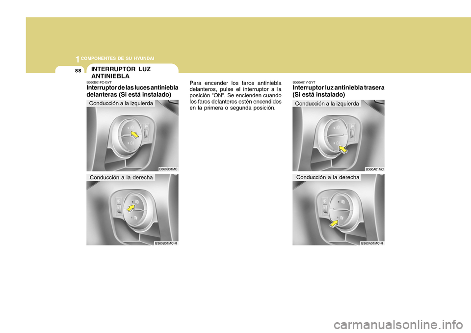 Hyundai Accent 2011 Manual del propietario (in Spanish) 881COMPONENTES DE SU HYUNDAI
INTERRUPTOR LUZ
ANTINIEBLAB360B01FC-GYTInterruptor de las luces antiniebla
delanteras (Si está instalado)
Para encender los faros antiniebla
delanteros, pulse el interrup Hyundai Accent 2011 Manual del propietario (in Spanish) 881COMPONENTES DE SU HYUNDAI
INTERRUPTOR LUZ
ANTINIEBLAB360B01FC-GYTInterruptor de las luces antiniebla
delanteras (Si está instalado)
Para encender los faros antiniebla
delanteros, pulse el interrup