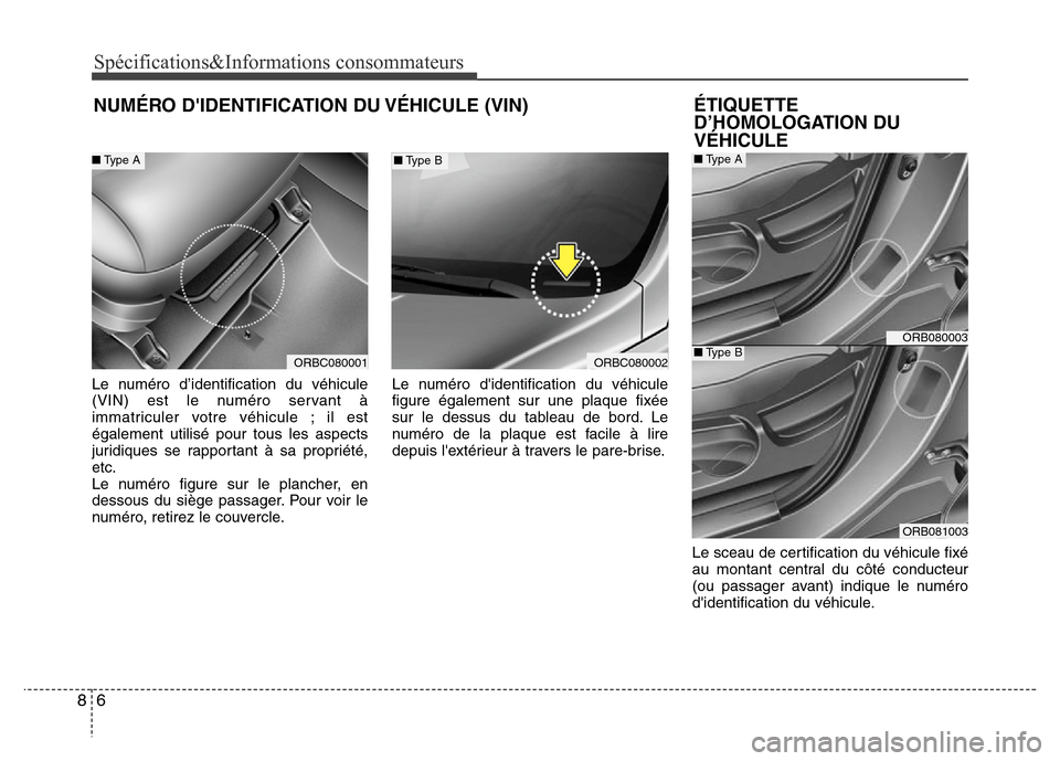 Hyundai Accent 2011 Manuel du propriétaire (in French) Spécifications&Informations consommateurs
6 8
NUMÉRO DIDENTIFICATION DU VÉHICULE (VIN)
Le numéro d’identification du véhicule
(VIN) est le numéro servant à
immatriculer votre véhicule ; il Hyundai Accent 2011 Manuel du propriétaire (in French) Spécifications&Informations consommateurs
6 8
NUMÉRO DIDENTIFICATION DU VÉHICULE (VIN)
Le numéro d’identification du véhicule
(VIN) est le numéro servant à
immatriculer votre véhicule ; il
