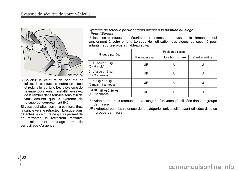 Hyundai Accent 2011 Manuel du propriétaire (in French) Système de sécurité de votre véhicule
30 3
3. Bouclez la ceinture de sécurité et
laissez la ceinture se mettre en place
et réduire le jeu. Une fois le système de
retenue pour enfant installé Hyundai Accent 2011 Manuel du propriétaire (in French) Système de sécurité de votre véhicule
30 3
3. Bouclez la ceinture de sécurité et
laissez la ceinture se mettre en place
et réduire le jeu. Une fois le système de
retenue pour enfant installé