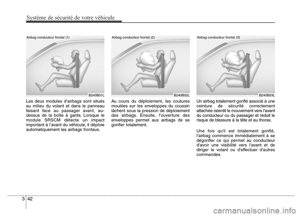 Hyundai Accent 2011 Manuel du propriétaire (in French) Système de sécurité de votre véhicule
42 3
Les deux modules d’airbags sont situés
au milieu du volant et dans le panneau
faisant face au passager avant, au-
dessus de la boîte à gants. Lorsq Hyundai Accent 2011 Manuel du propriétaire (in French) Système de sécurité de votre véhicule
42 3
Les deux modules d’airbags sont situés
au milieu du volant et dans le panneau
faisant face au passager avant, au-
dessus de la boîte à gants. Lorsq