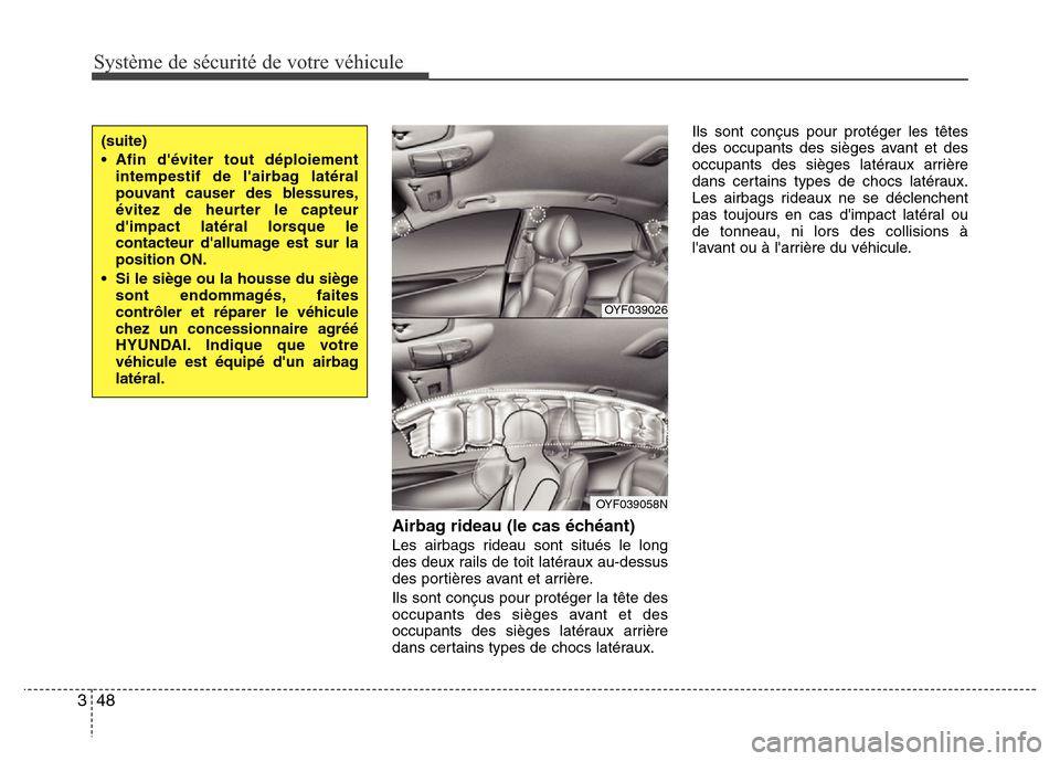 Hyundai Accent 2011 Manuel du propriétaire (in French) Système de sécurité de votre véhicule
48 3
Airbag rideau (le cas échéant)
Les airbags rideau sont situés le long
des deux rails de toit latéraux au-dessus
des portières avant et arrière.
Il Hyundai Accent 2011 Manuel du propriétaire (in French) Système de sécurité de votre véhicule
48 3
Airbag rideau (le cas échéant)
Les airbags rideau sont situés le long
des deux rails de toit latéraux au-dessus
des portières avant et arrière.
Il