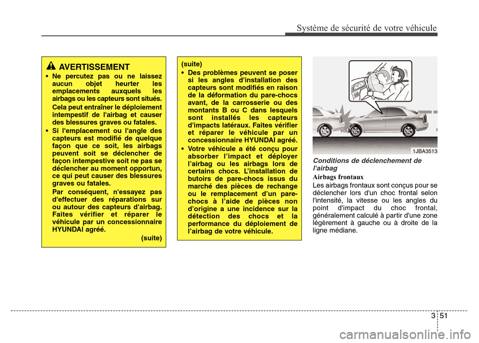 Hyundai Accent 2011 Manuel du propriétaire (in French) 351
Système de sécurité de votre véhicule
Conditions de déclenchement de
lairbag
Airbags frontaux
Les airbags frontaux sont conçus pour se
déclencher lors dun choc frontal selon
lintensité Hyundai Accent 2011 Manuel du propriétaire (in French) 351
Système de sécurité de votre véhicule
Conditions de déclenchement de
lairbag
Airbags frontaux
Les airbags frontaux sont conçus pour se
déclencher lors dun choc frontal selon
lintensité