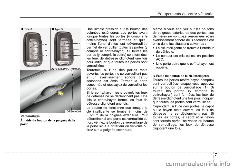 Hyundai Accent 2011 Manuel du propriétaire (in French) 47
Équipements de votre véhicule
Verrouillage
À laide du bouton de la poignée de la
porteUne simple pression sur le bouton des
poignées extérieures des portes avant
lorsque toutes les portes (y Hyundai Accent 2011 Manuel du propriétaire (in French) 47
Équipements de votre véhicule
Verrouillage
À laide du bouton de la poignée de la
porteUne simple pression sur le bouton des
poignées extérieures des portes avant
lorsque toutes les portes (y