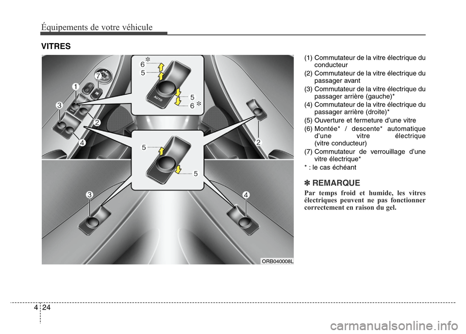 Hyundai Accent 2011 Manuel du propriétaire (in French) Équipements de votre véhicule
24 4
(1) Commutateur de la vitre électrique du
conducteur
(2) Commutateur de la vitre électrique du
passager avant
(3) Commutateur de la vitre électrique du
passager Hyundai Accent 2011 Manuel du propriétaire (in French) Équipements de votre véhicule
24 4
(1) Commutateur de la vitre électrique du
conducteur
(2) Commutateur de la vitre électrique du
passager avant
(3) Commutateur de la vitre électrique du
passager