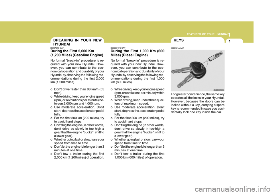 Hyundai Accent 2010  Owners Manual 1
FEATURES OF YOUR HYUNDAI
5KEYS
B020B01FC-GAT During the First 1,000 Km (600 Miles) (Diesel Engine) No formal "break-in" procedure is re- quired with your new Hyundai. How-ever, you can contribute to