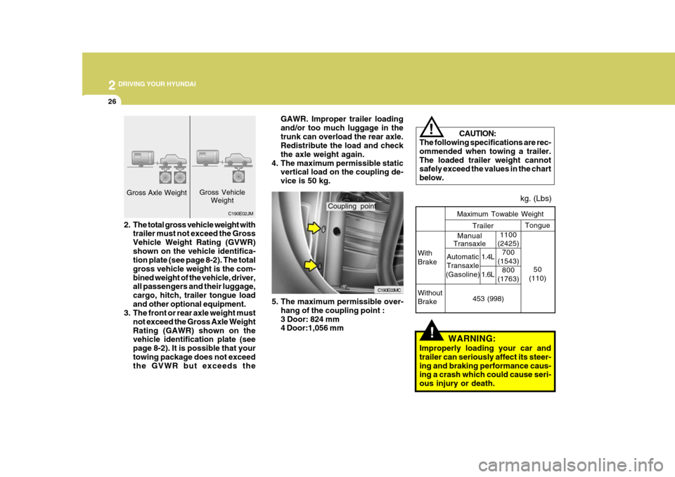 Hyundai Accent 2010  Owners Manual 2 DRIVING YOUR HYUNDAI
26
GAWR. Improper trailer loading and/or too much luggage in thetrunk can overload the rear axle. Redistribute the load and check the axle weight again.
4. The maximum permissib