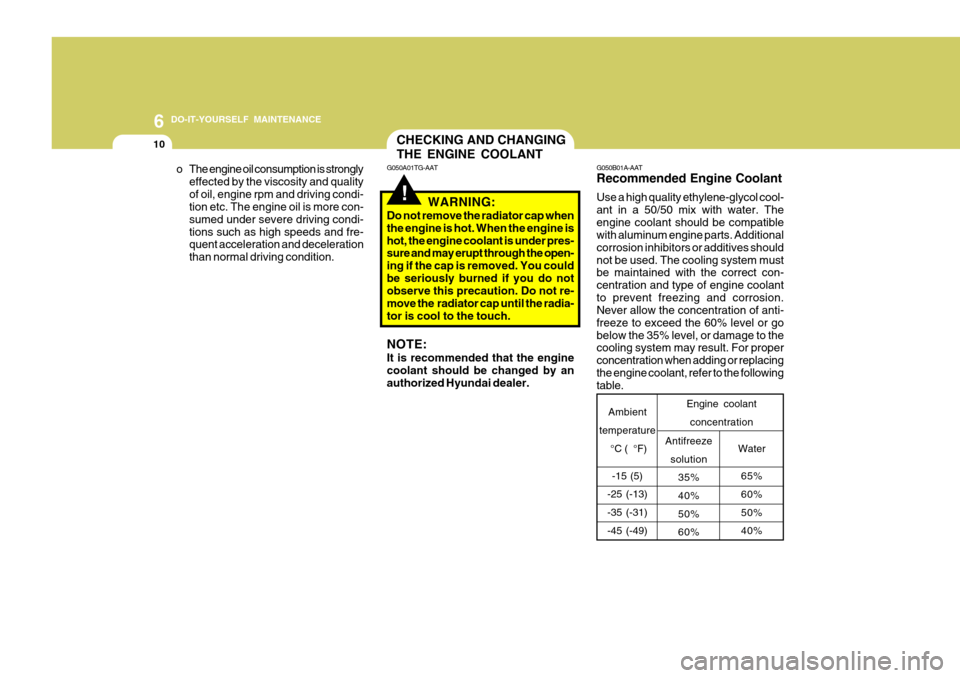 Hyundai Accent 2010 Owners Guide 6 DO-IT-YOURSELF MAINTENANCE
10
G050B01A-AAT Recommended Engine Coolant Use a high quality ethylene-glycol cool- ant in a 50/50 mix with water. Theengine coolant should be compatible with aluminum eng Hyundai Accent 2010 Owners Guide 6 DO-IT-YOURSELF MAINTENANCE
10
G050B01A-AAT Recommended Engine Coolant Use a high quality ethylene-glycol cool- ant in a 50/50 mix with water. Theengine coolant should be compatible with aluminum eng