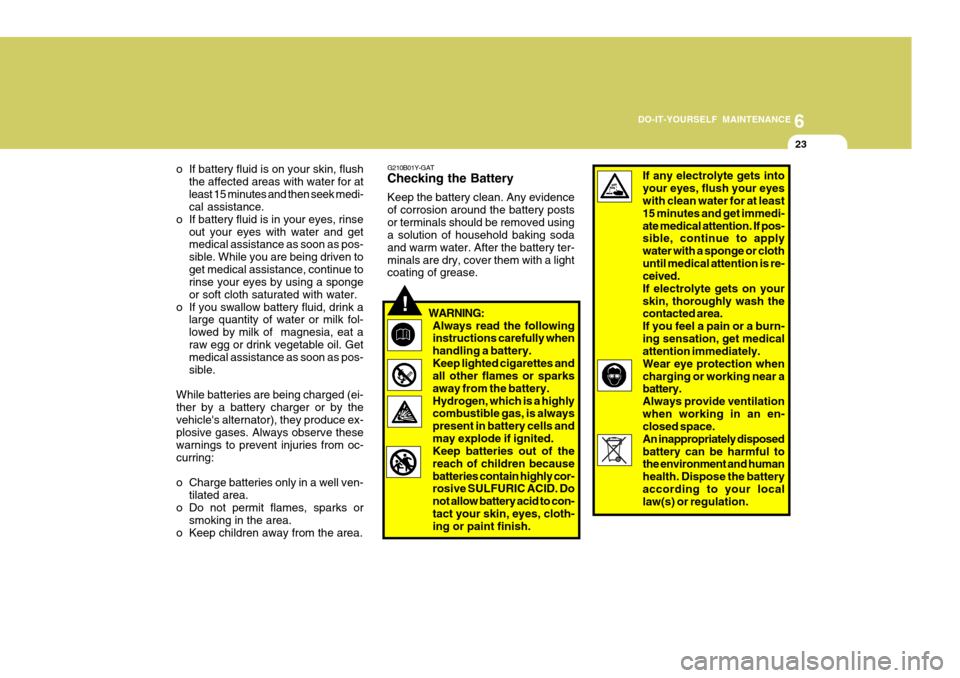Hyundai Accent 2010  Owners Manual 6
DO-IT-YOURSELF MAINTENANCE
23
G210B01Y-GAT Checking the Battery Keep the battery clean. Any evidence of corrosion around the battery postsor terminals should be removed using a solution of household
