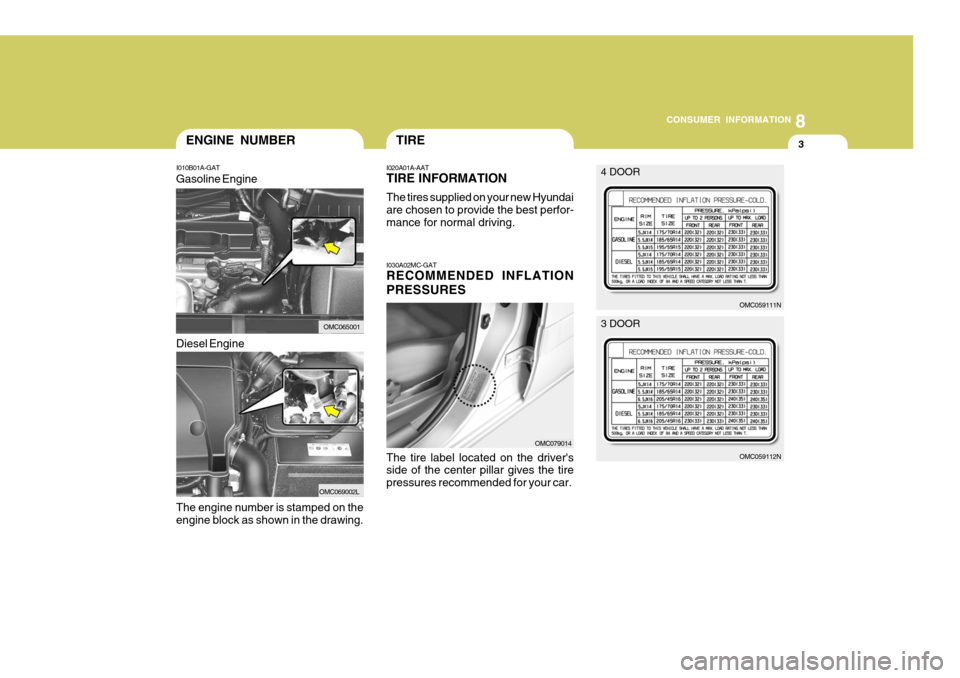 Hyundai Accent 2010 Owners Manual 8
CONSUMER INFORMATION
3ENGINE NUMBERTIRE
I010B01A-GAT
The engine number is stamped on the engine block as shown in the drawing. I020A01A-AAT TIRE INFORMATION The tires supplied on your new Hyundai ar Hyundai Accent 2010 Owners Manual 8
CONSUMER INFORMATION
3ENGINE NUMBERTIRE
I010B01A-GAT
The engine number is stamped on the engine block as shown in the drawing. I020A01A-AAT TIRE INFORMATION The tires supplied on your new Hyundai ar