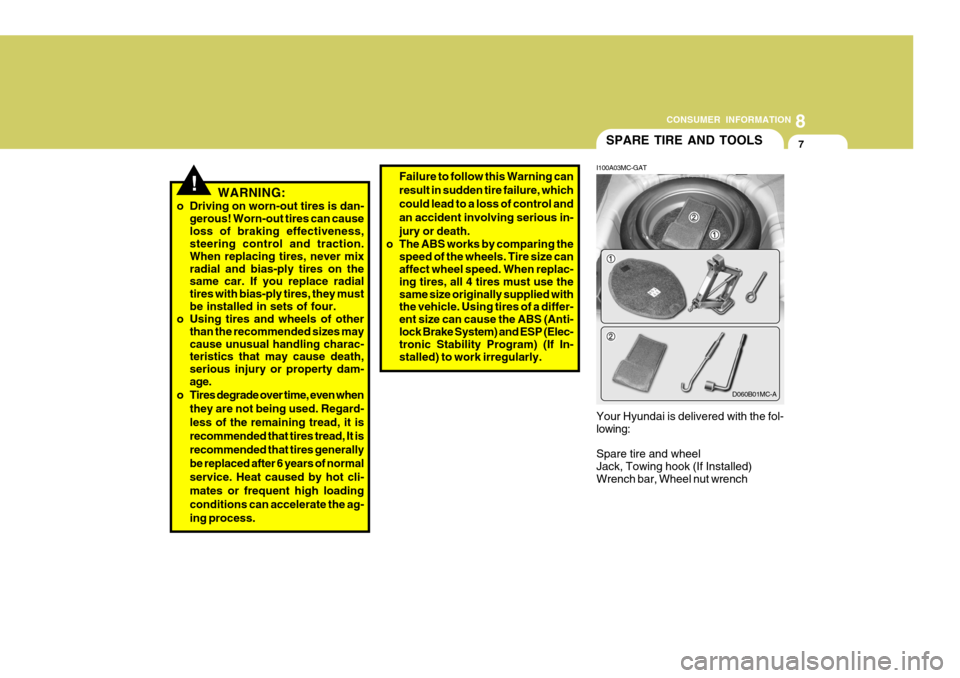 Hyundai Accent 2010 Owners Guide 8
CONSUMER INFORMATION
7
Your Hyundai is delivered with the fol- lowing: Spare tire and wheel Jack, Towing hook (If Installed) Wrench bar, Wheel nut wrench D060B01MC-A
SPARE TIRE AND TOOLS
I100A03MC-G