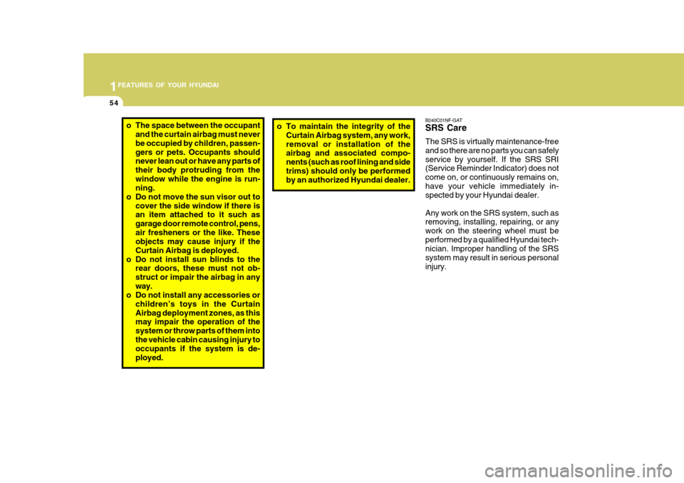 Hyundai Accent 2010  Owners Manual 1FEATURES OF YOUR HYUNDAI
54
o The space between the occupant
and the curtain airbag must never be occupied by children, passen-gers or pets. Occupants should never lean out or have any parts of their