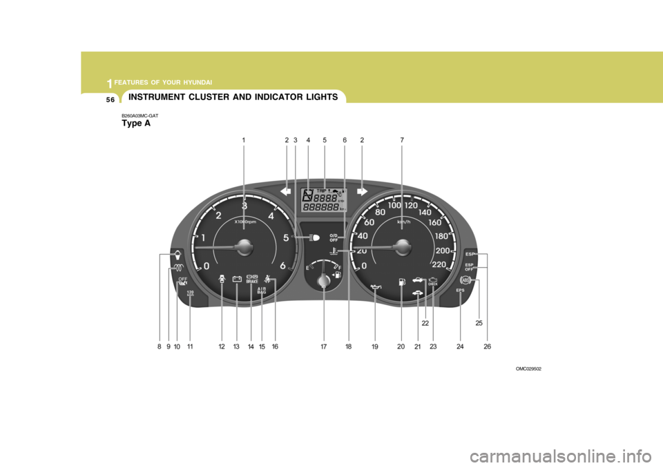 Hyundai Accent 2010 Repair Manual 1FEATURES OF YOUR HYUNDAI
56
B260A03MC-GAT Type AINSTRUMENT CLUSTER AND INDICATOR LIGHTS
OMC029502 Hyundai Accent 2010 Repair Manual 1FEATURES OF YOUR HYUNDAI
56
B260A03MC-GAT Type AINSTRUMENT CLUSTER AND INDICATOR LIGHTS
OMC029502