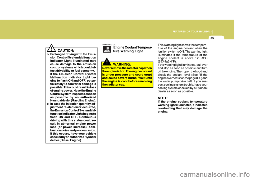 Hyundai Accent 2010  Owners Manual 1
FEATURES OF YOUR HYUNDAI
65
B290A02MC-GAT
Engine Coolant Tempera-
ture Warning Light
WARNING:
Never remove the radiator cap when the engine is hot. The engine coolant is under pressure and could eru