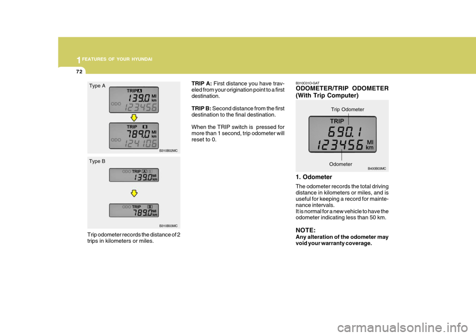 Hyundai Accent 2010  Owners Manual 1FEATURES OF YOUR HYUNDAI
72
TRIP A: First distance you have trav-
eled from your origination point to a first destination. TRIP B:  Second distance from the first
destination to the final destination