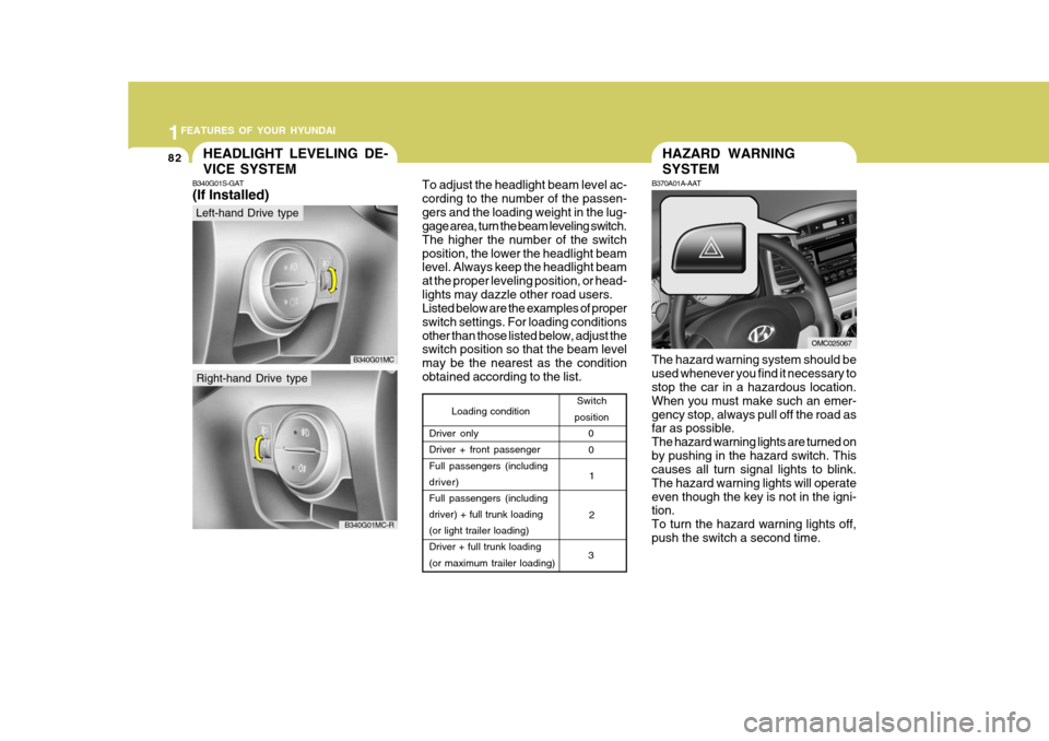 Hyundai Accent 2010  Owners Manual 1FEATURES OF YOUR HYUNDAI
82
Loading condition Switch
position
Driver only Driver + front passenger Full passengers (including driver)Full passengers (including driver) + full trunk loading (or light 