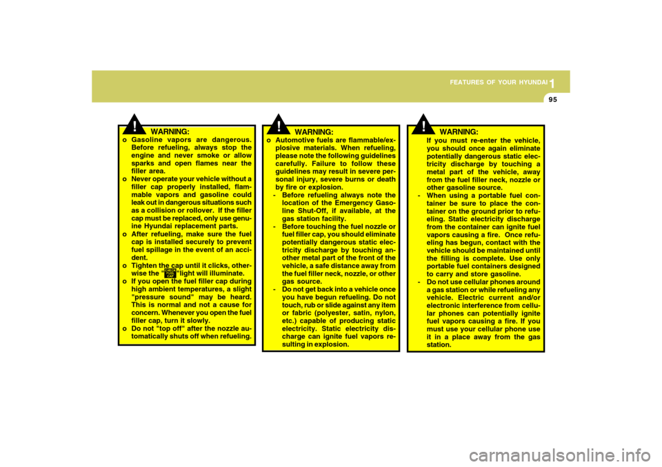 Hyundai Accent 2009  Owners Manual 1
FEATURES OF YOUR HYUNDAI
951
FEATURES OF YOUR HYUNDAI
95
!
WARNING:
If you must re-enter the vehicle,
you should once again eliminate
potentially dangerous static elec-
tricity discharge by touching